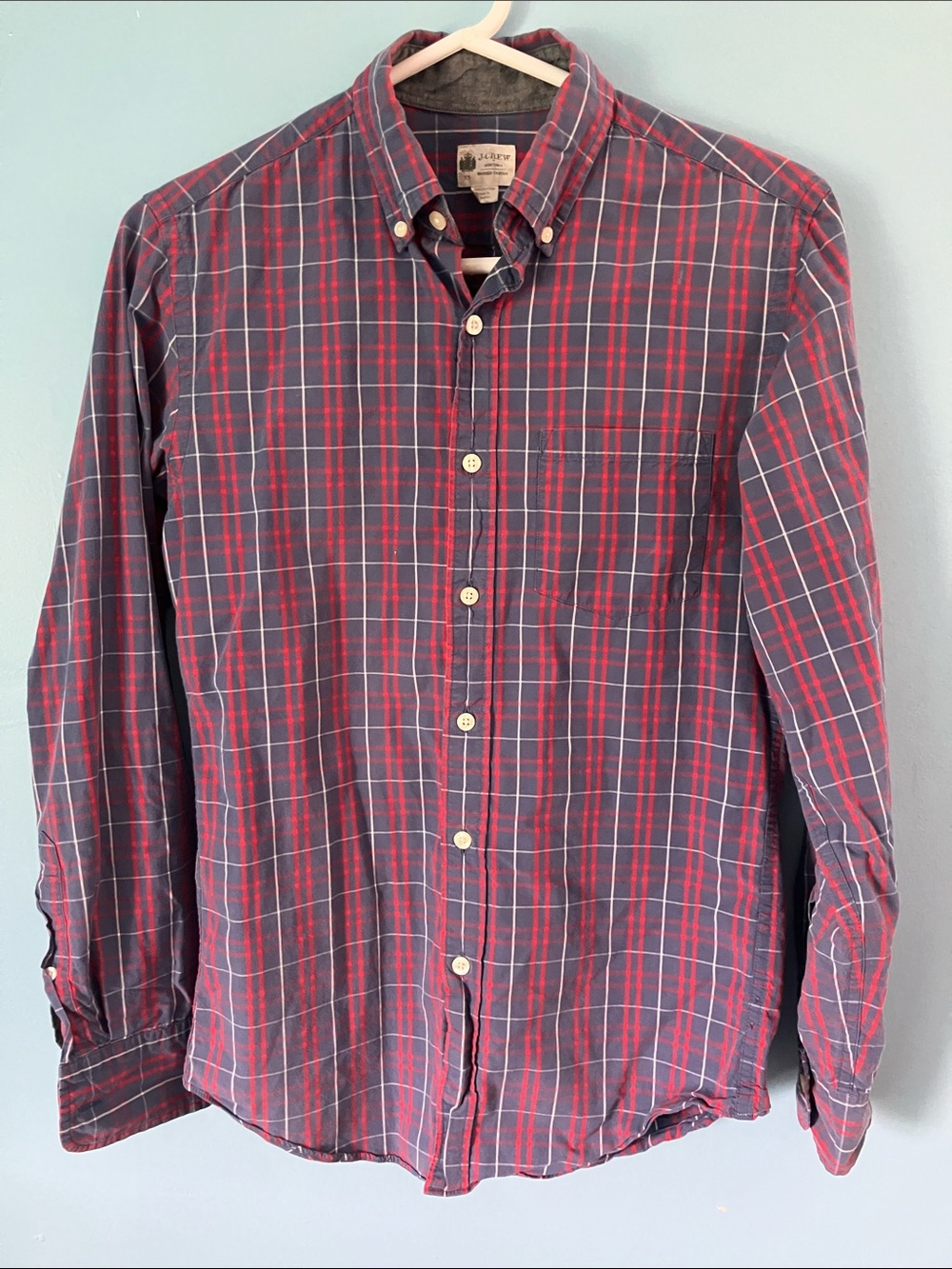 J. Crew Men's Navy and Red Plaid Button-Down Shirt